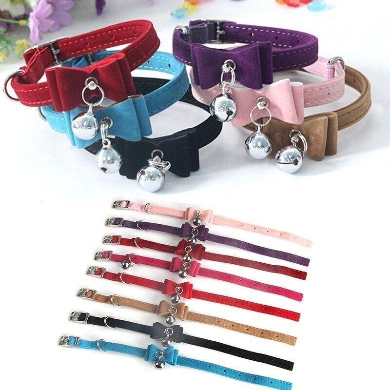 1× Adjustable Suede Cat Collar with Bow Bell Pink Blue Black Red - Black