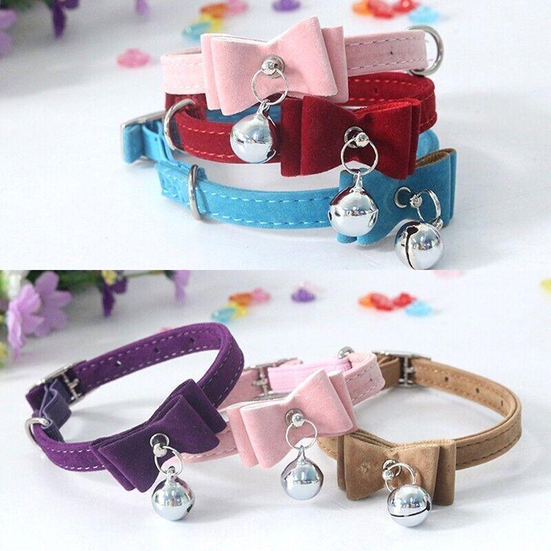 1× Adjustable Suede Cat Collar with Bow Bell Pink Blue Black Red - Blue