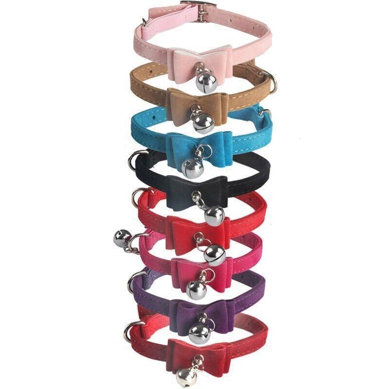 1× Adjustable Suede Cat Collar with Bow Bell Pink Blue Black Red - Brown