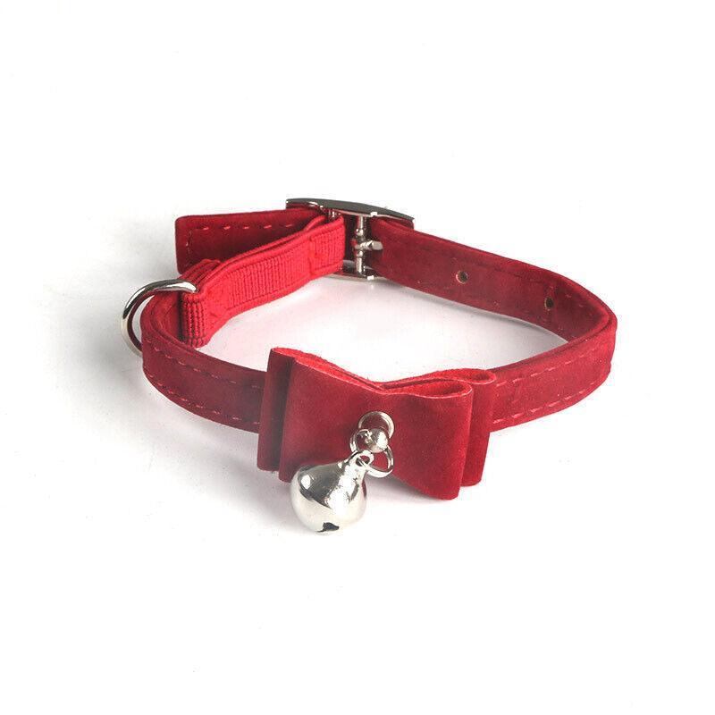 1× Adjustable Suede Cat Collar with Bow Bell Pink Blue Black Red - Brown