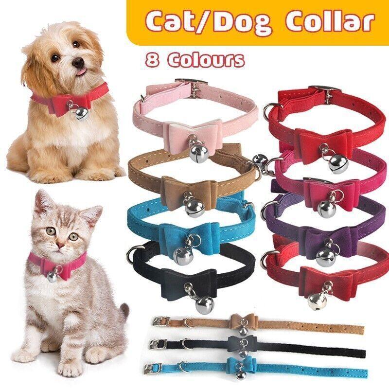 1× Adjustable Suede Cat Collar with Bow Bell Pink Blue Black Red - Dark Red