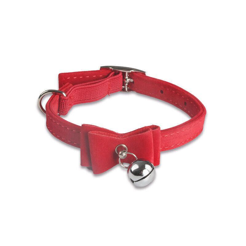 1× Adjustable Suede Cat Collar with Bow Bell Pink Blue Black Red - Dark Red