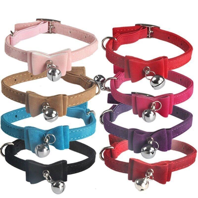 1× Adjustable Suede Cat Collar with Bow Bell Pink Blue Black Red - Rose Red