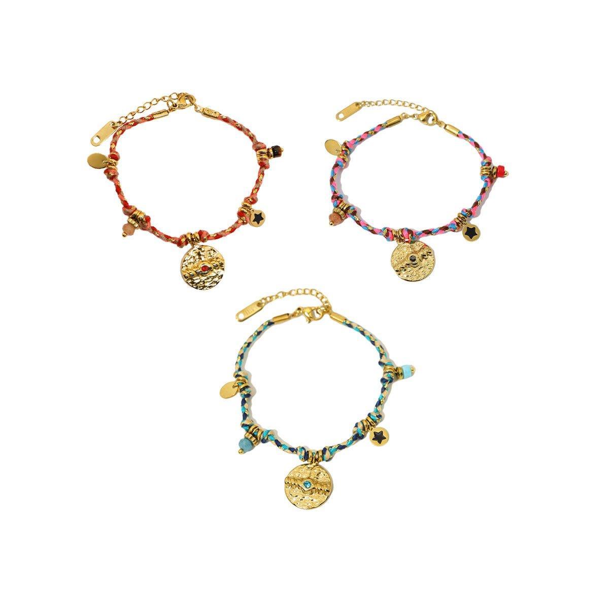 Boho Bracelet Set Women Natural Stone Woven Retro Style Adjustable Layered - Pink