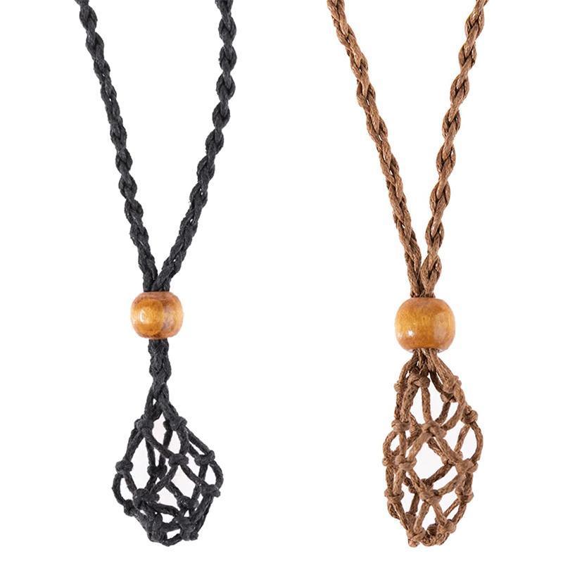 L Size Empty Stone Holder Necklace Crystal Quartz Gemstone Cage Rope Cord Pendant DIY - Brown