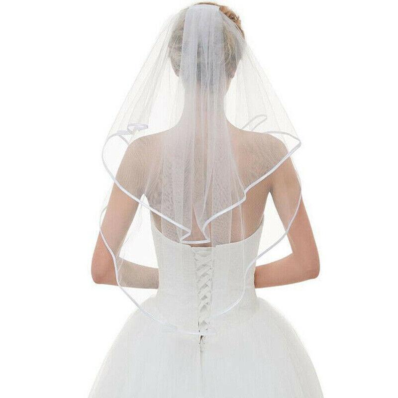 Bridal 2 Layer Wedding Veil with Comb Satin Edge Short Tulle for Women White Ivory - White