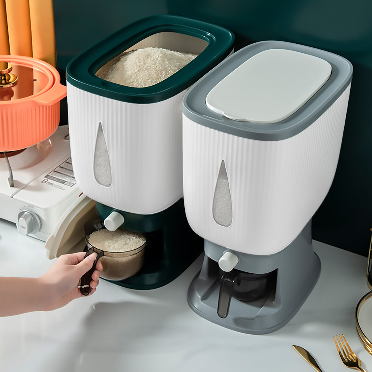 10kg Rice Storage Bucket Household Metering Rice Container Large Capacity - Grey