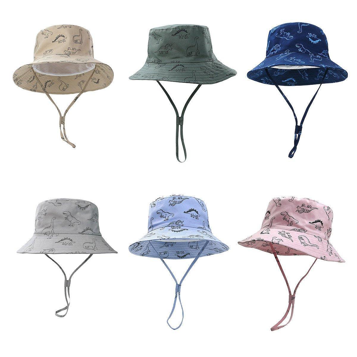 Cartoon Dinosaur Bucket Hat with Wide Brim for Summer Sun Protection - Grey
