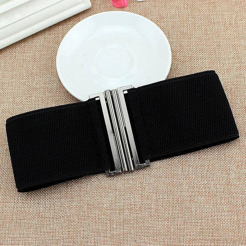 Women Elastic Waist Belt Stretch Cinch Wide Band with Metal Buckle for Dress 3Colours - Brown