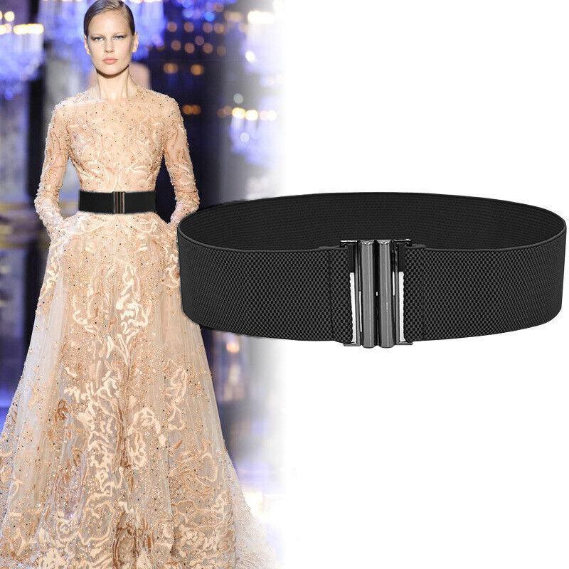 Women Elastic Waist Belt Stretch Cinch Wide Band with Metal Buckle for Dress 3Colours - White