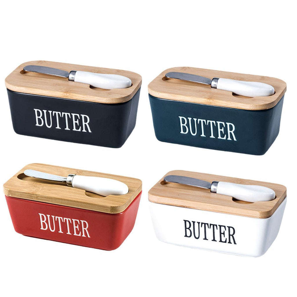 Butter Box with Knife Rectangular Cheese Container with Wooden Lid for Kitchen - Green