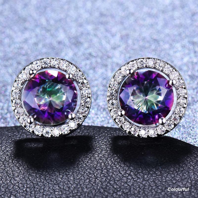 Female Round Zircon Stud Earrings Full Diamond Boucle Big Hollow Cubic Gift - Colourful