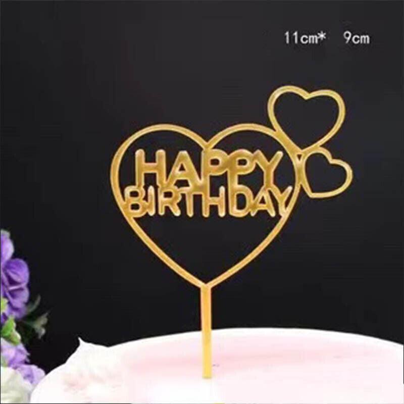 Happy Birthday Acrylic Cake Topper Cake Decoration Golden Silver Party - Red-Heart