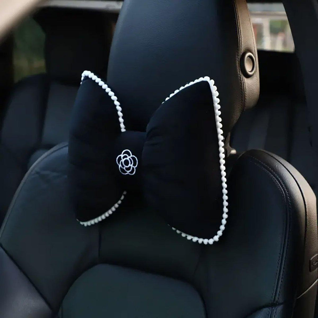 Black Bowknot Neck Pillow Plush Bow Tie Soft Plush Car Headrest Waist Support - Headrest