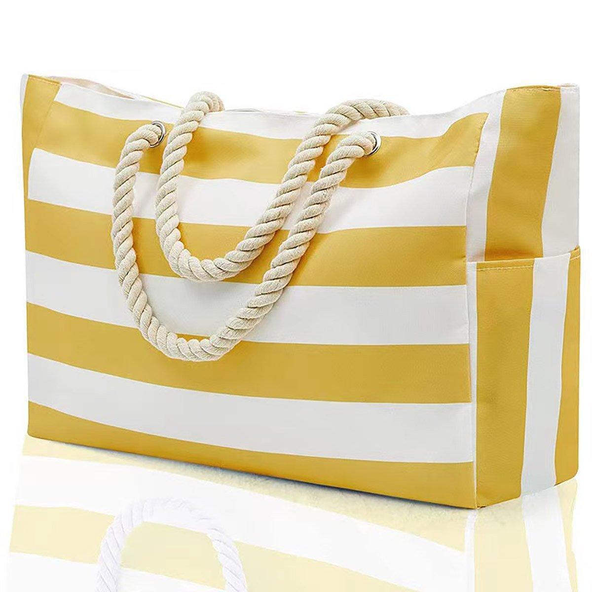 Large Bohemian Striped Canvas Beach Bag Zipper Tote for Travel Outdoor Vacation - Blue