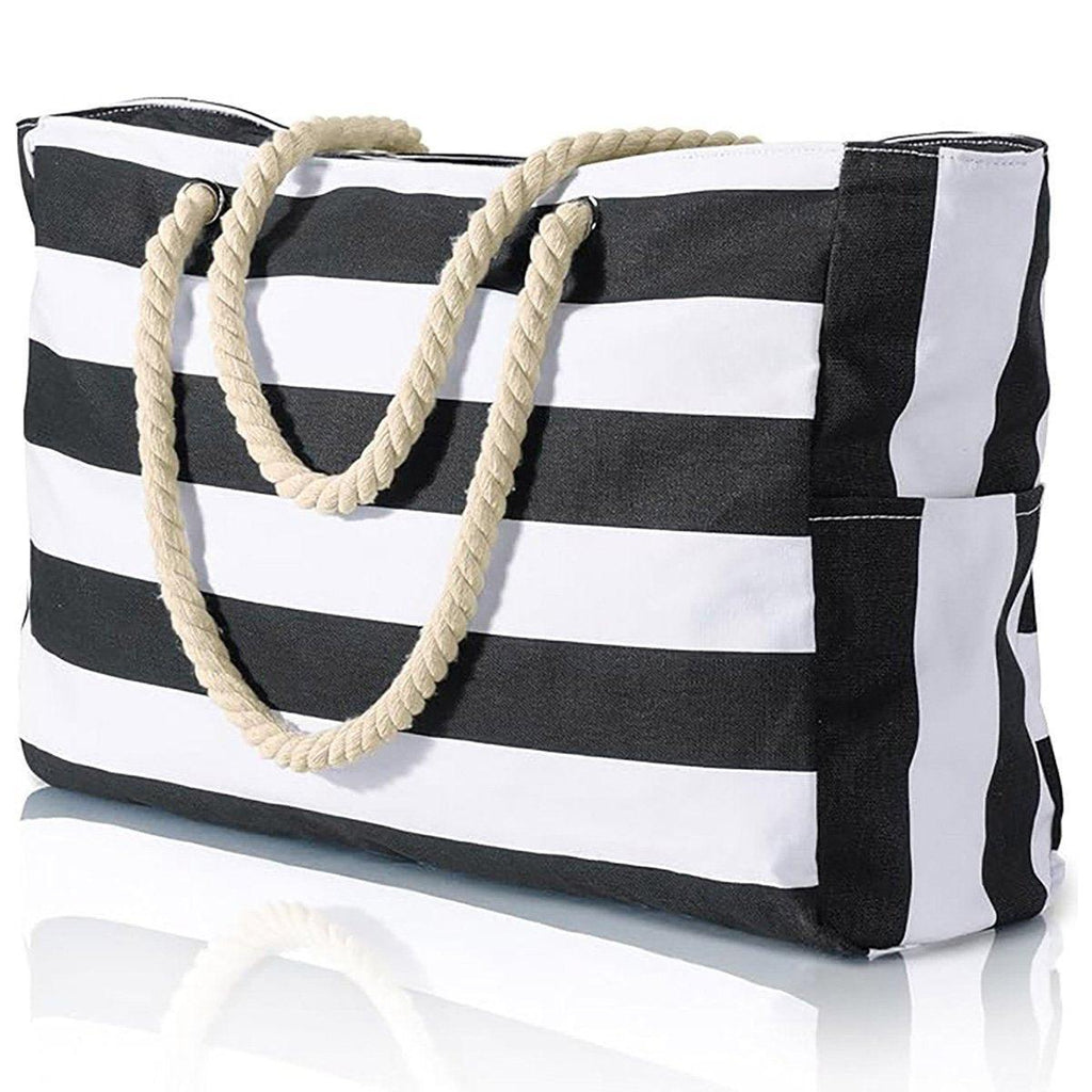 Large Bohemian Striped Canvas Beach Bag Zipper Tote for Travel Outdoor Vacation - Blue