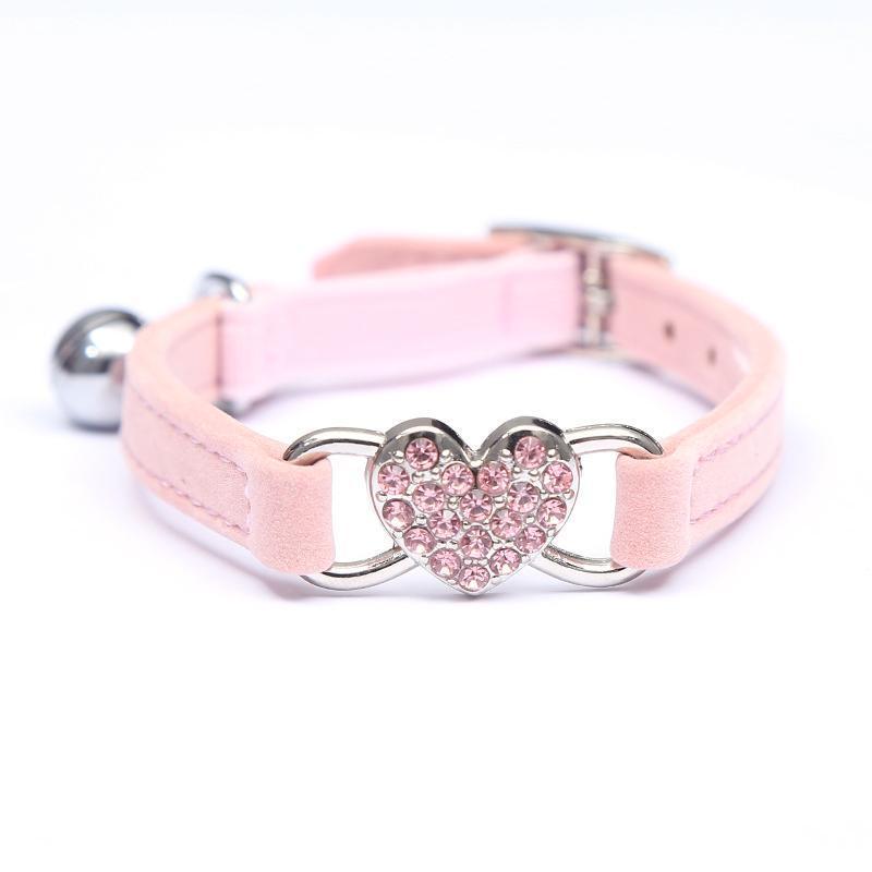 Suede Cat Collar with Adjustable Elastic Bell and Heart Charm for Kittens - Pink