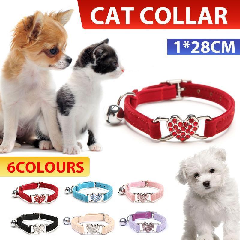 Suede Cat Collar with Adjustable Elastic Bell and Heart Charm for Kittens - red