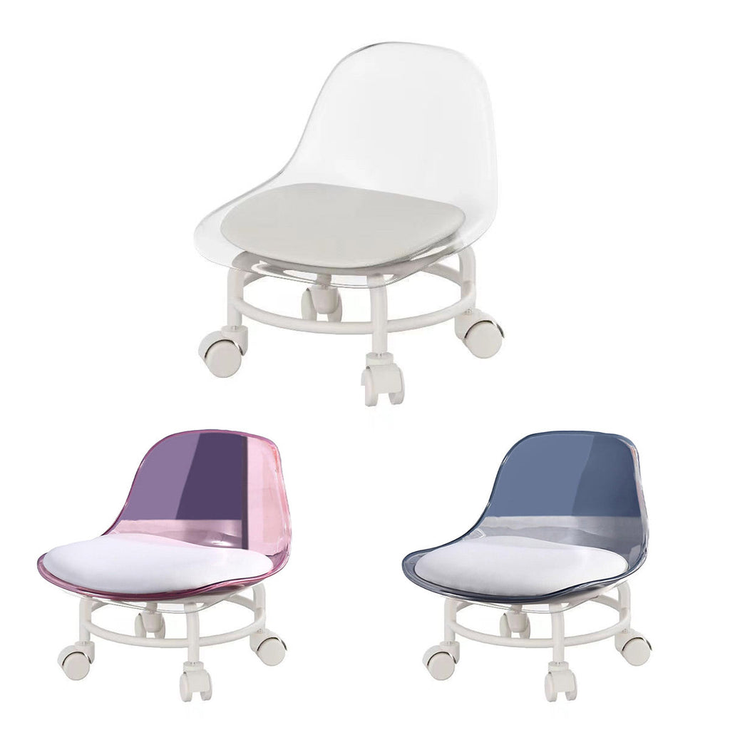 Stool with Universal Wheels Pulley Short Stool with Backrest Comfortable Seat - White