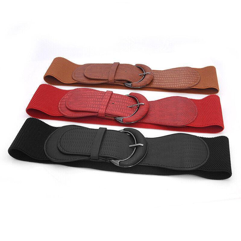Faux Leather Cinch Waist Belt with Buckle for Women Stretch Wide Elastic Dress Belt - Khaki