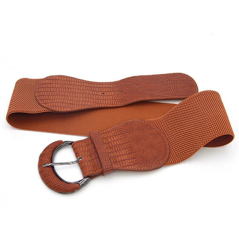 Faux Leather Cinch Waist Belt with Buckle for Women Stretch Wide Elastic Dress Belt - Khaki