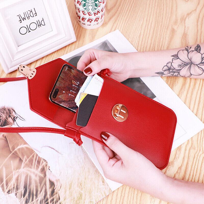 Touch Screen Crossbody Phone Bag with Clear Window PU Leather Wallet Purse - Red