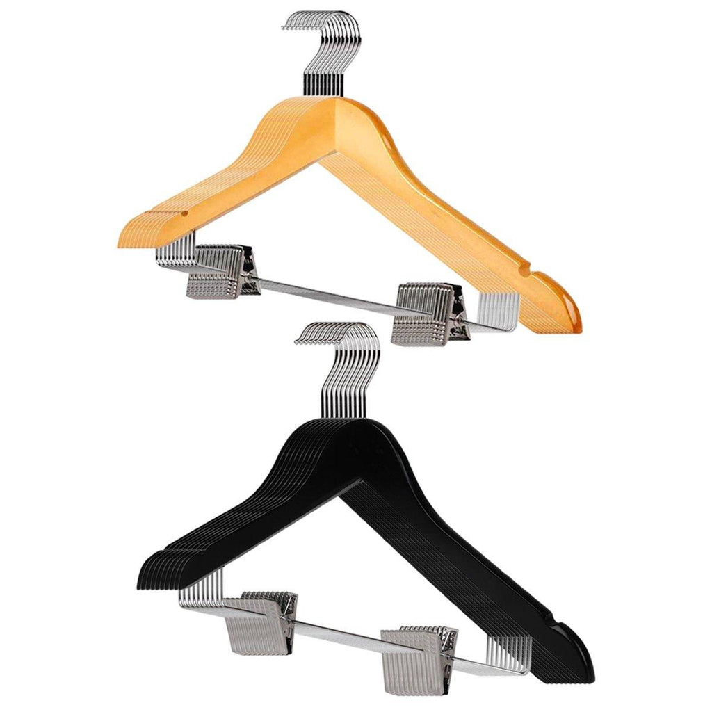10 Pcs Wooden Non-Slip Wide Shoulder Clothes Hanger with Clip for Hotel Wardrobe - Black