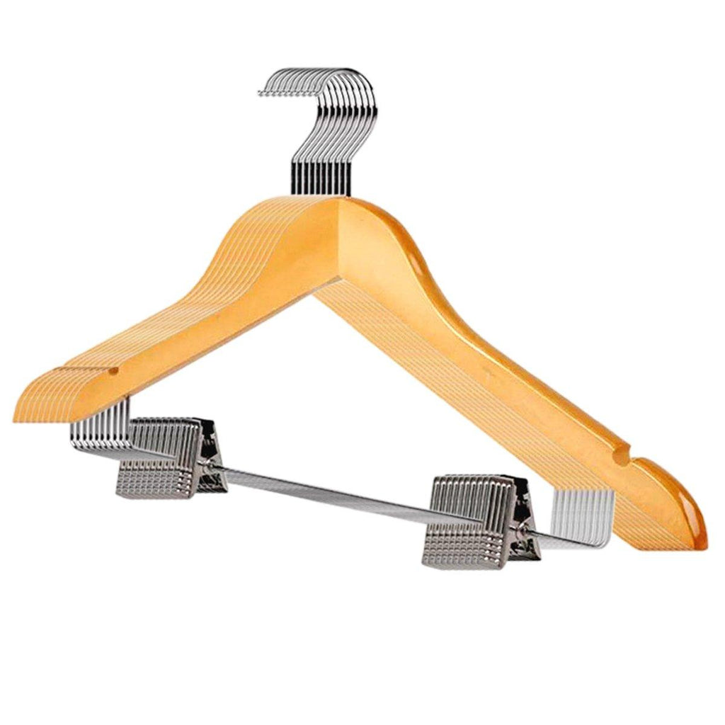 10 Pcs Wooden Non-Slip Wide Shoulder Clothes Hanger with Clip for Hotel Wardrobe - Black