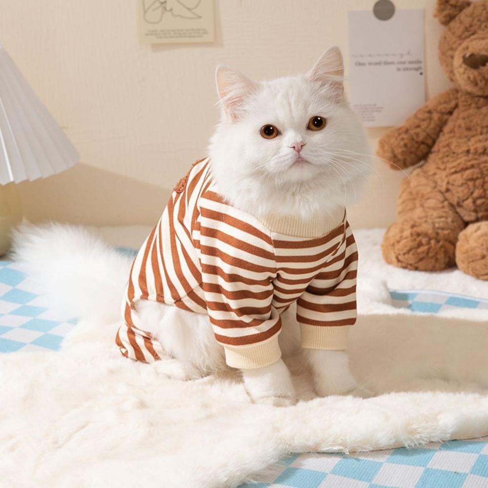 Cute Bear Striped Dog Home Clothes Cat Pet Outfit Cozy Animal Pajamas for Pets - Brown - S
