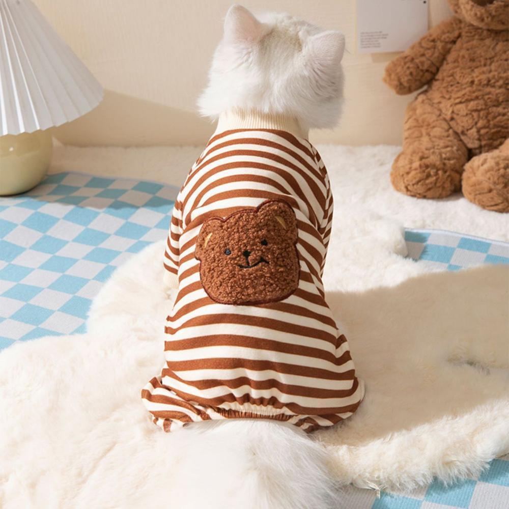 Cute Bear Striped Dog Home Clothes Cat Pet Outfit Cozy Animal Pajamas for Pets - Brown - XL