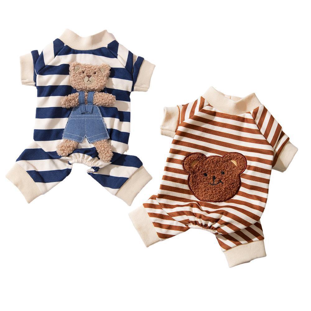 Cute Bear Striped Dog Home Clothes Cat Pet Outfit Cozy Animal Pajamas for Pets - Navy blue - XL