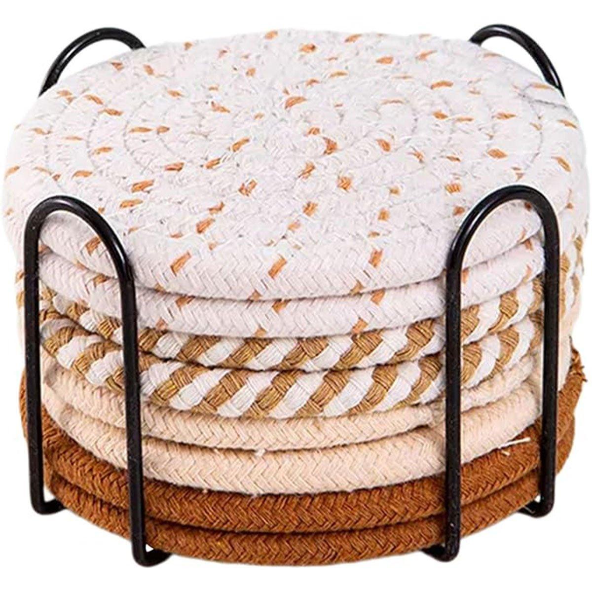 8PCS Round Cotton Woven Coaster Heat Resistant Thick Insulation Dining Table Mat - Grey