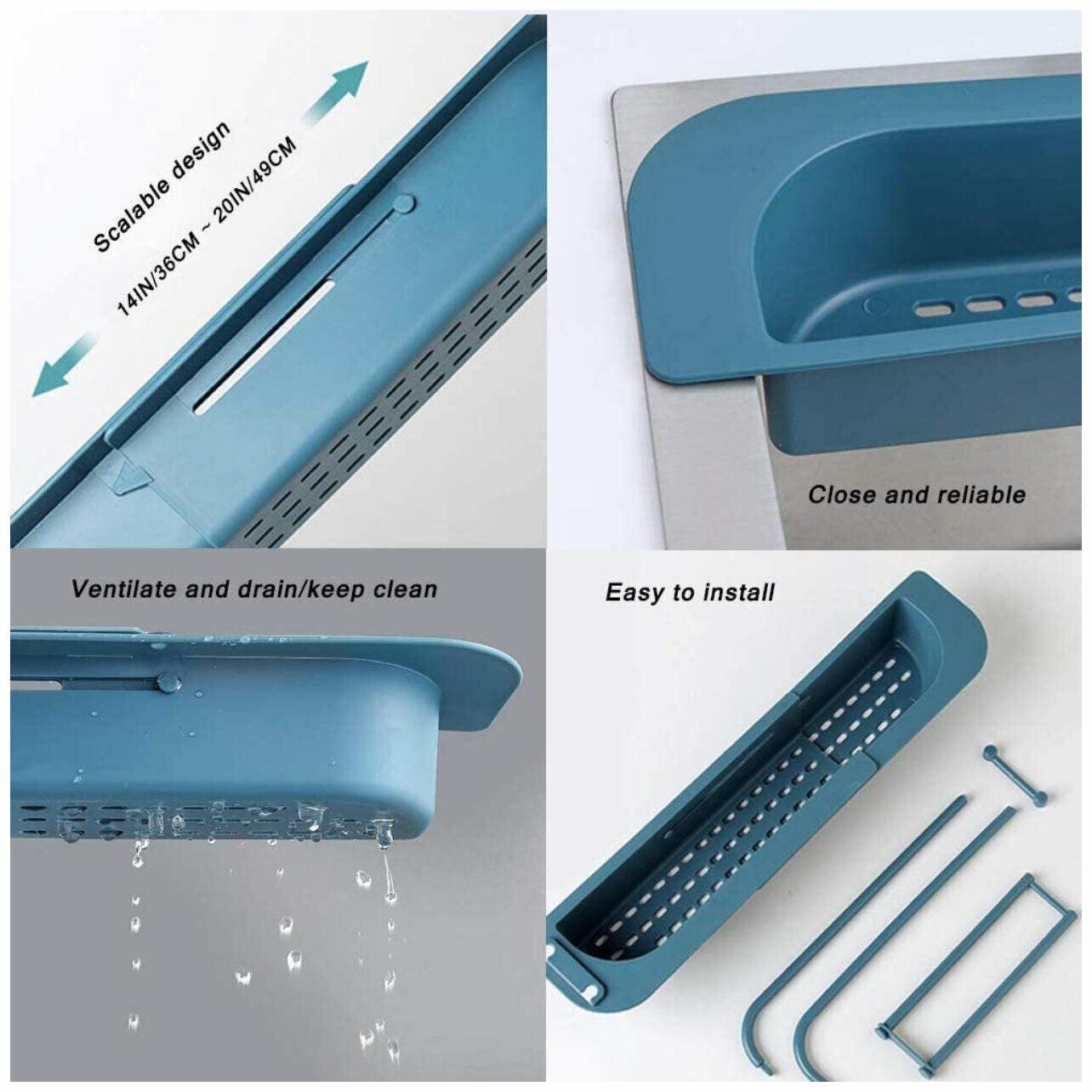 Telescopic Sink Rack Holder Expandable Storage Drain Basket Home Kitchen Kit - Blue