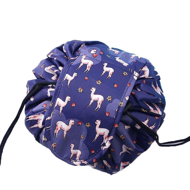 Portable Travel Makeup Bag Drawstring Cosmetic Pouch Lazy Storage Organiser Case - Blue White Feather