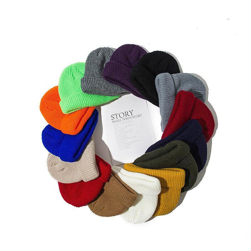 Men Women Mini Fisherman Beanie Winter Spring Hat Soft Knitted Docker Skull Cap - Orange Pink