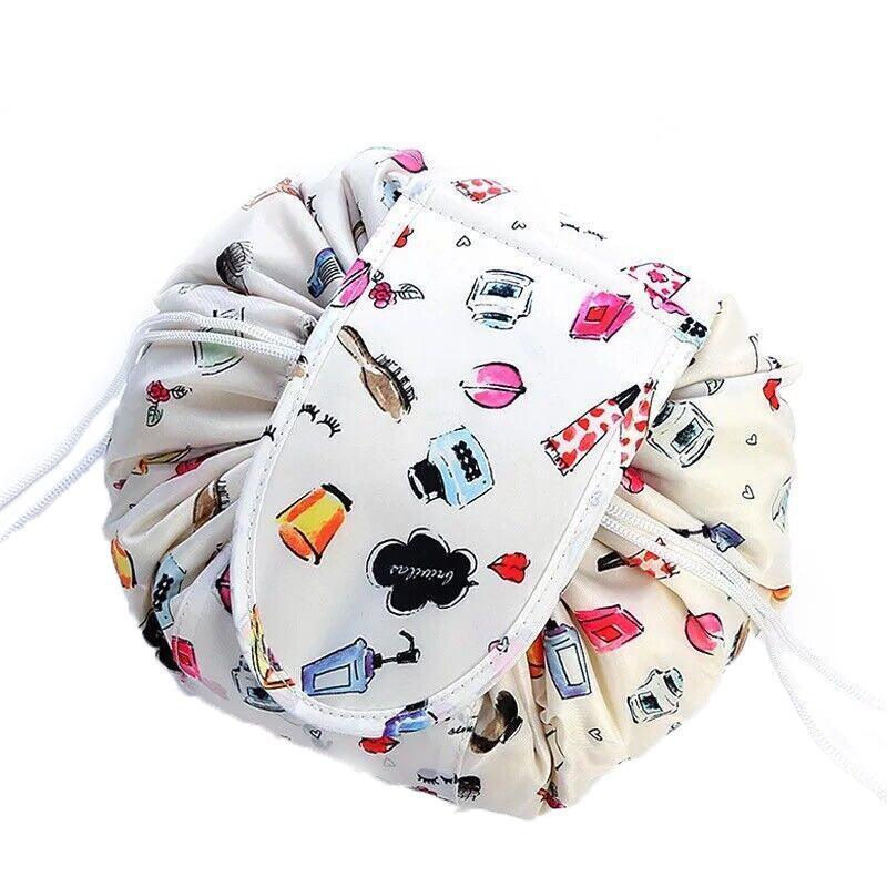 Portable Travel Makeup Bag Drawstring Cosmetic Pouch Lazy Storage Organiser Case - Pink White Strip
