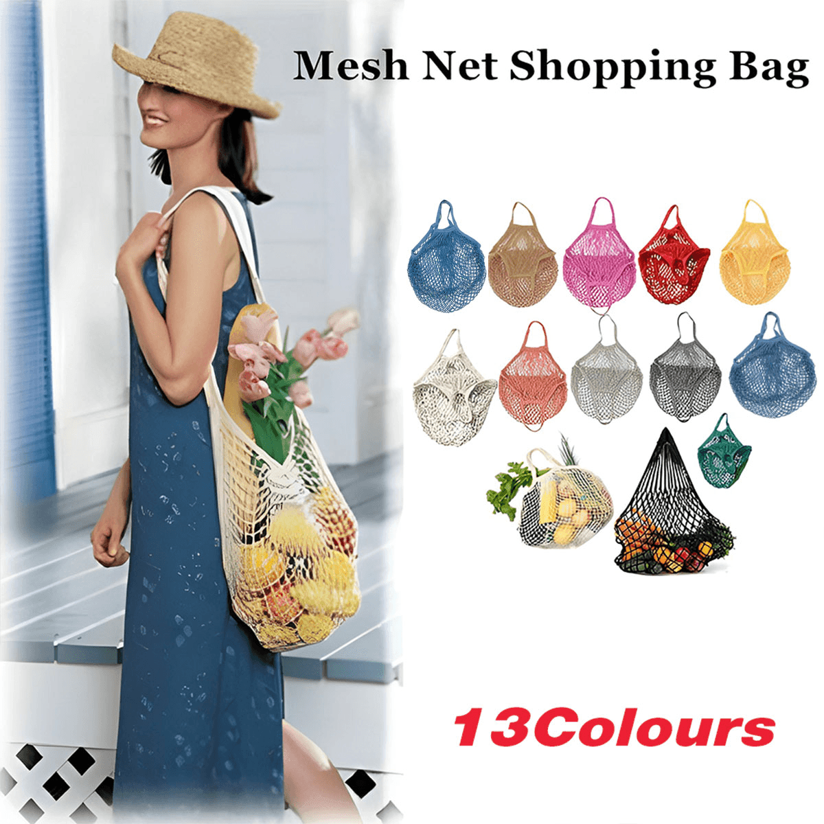 Reusable Mesh Net Shopping Bag String Tote Grocery Fruit Vegetable Storage - Rose Red