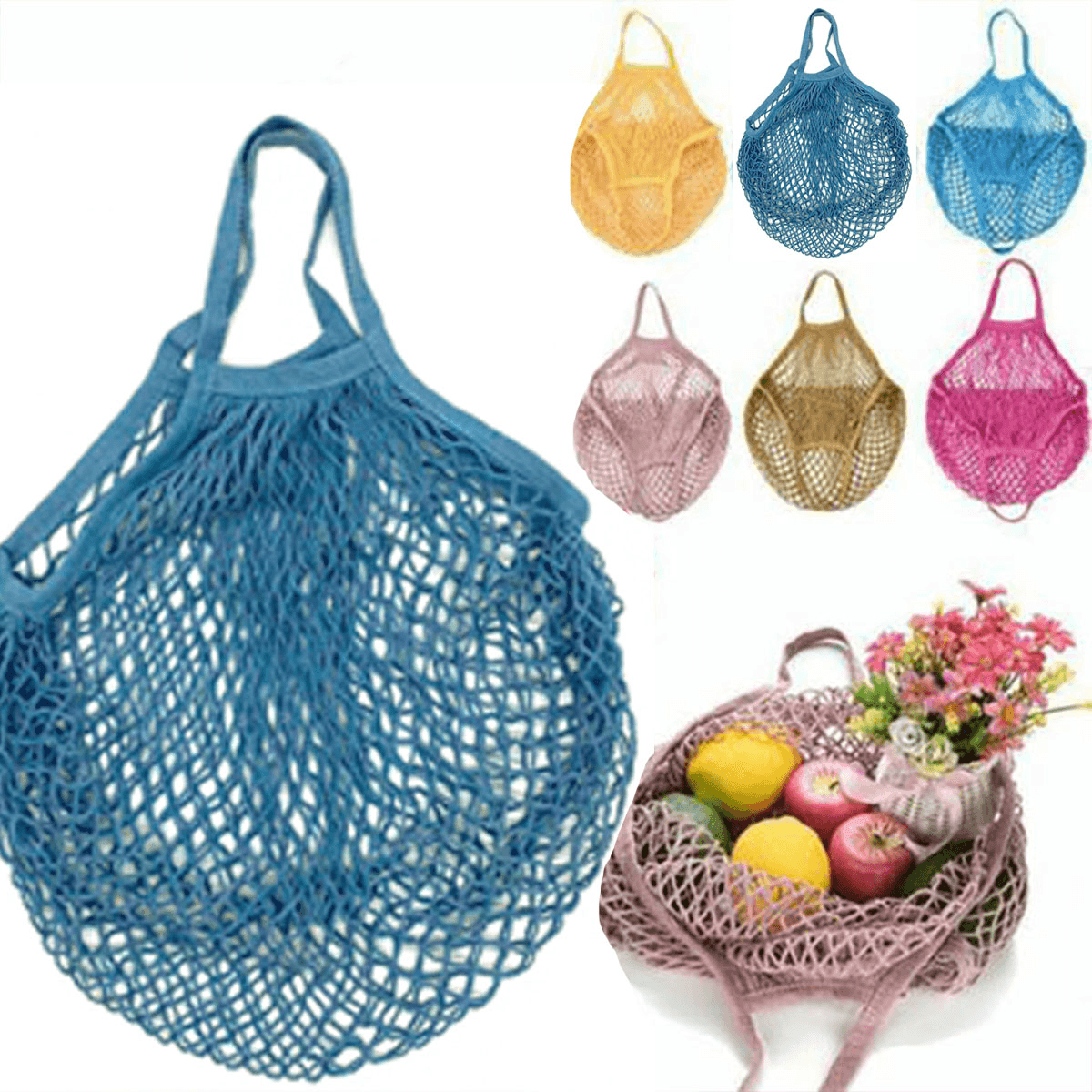 Reusable Mesh Net Shopping Bag String Tote Grocery Fruit Vegetable Storage - Sky Blue