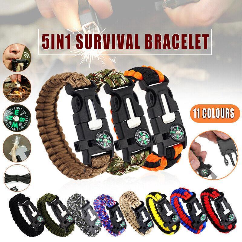 Flint Fire Starter 5In1 Survival Paracord Bracelet Whistle Compass Gear Tool Kit - Beige