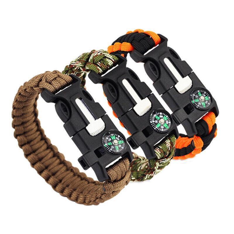 Flint Fire Starter 5In1 Survival Paracord Bracelet Whistle Compass Gear Tool Kit - Beige