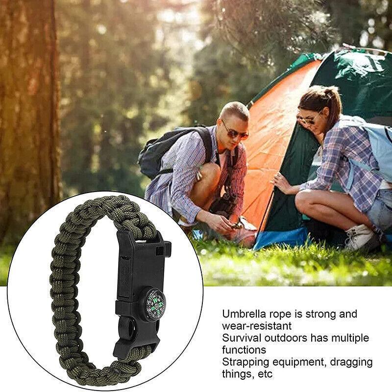 Flint Fire Starter 5In1 Survival Paracord Bracelet Whistle Compass Gear Tool Kit - Green White