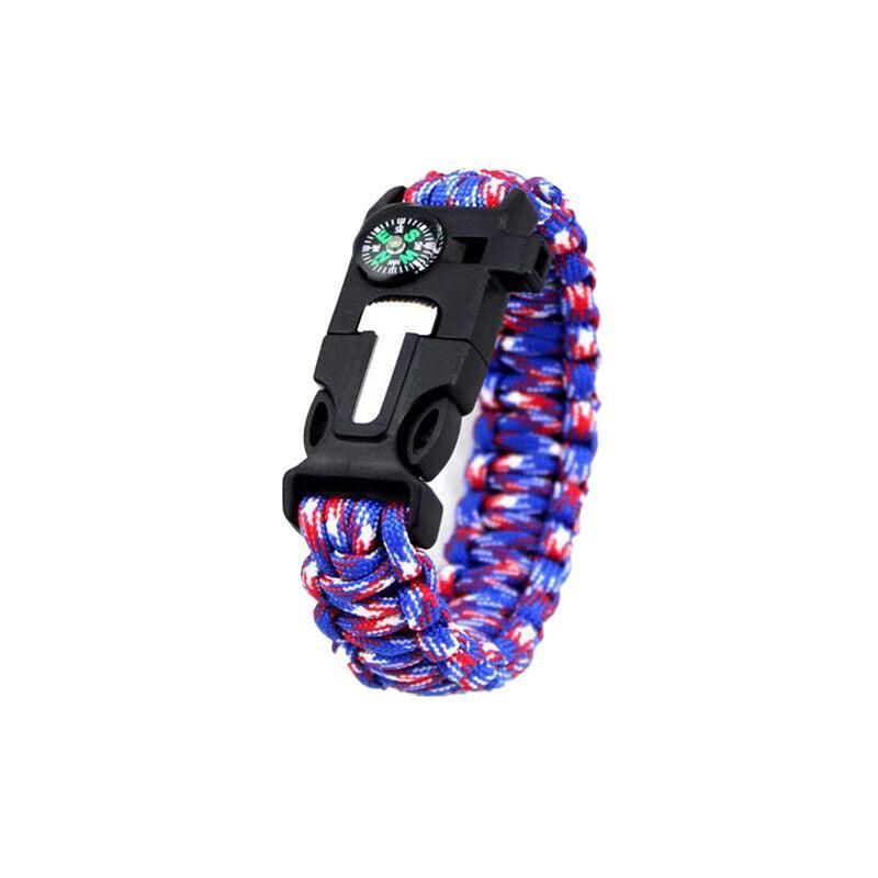 Flint Fire Starter 5In1 Survival Paracord Bracelet Whistle Compass Gear Tool Kit - Red Navy