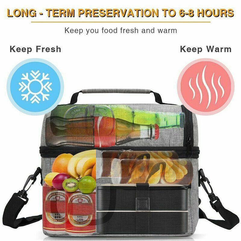 Insulated Lunch Bag Box Tote Cooler For Women Men Hot Cold Food Thermal - Grey