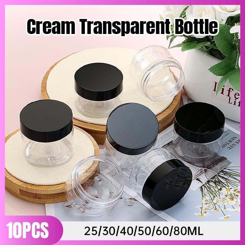 10pcs Wide Mouth Plastic Jars Black Lid Transparent Skin Care Cream Containers - 50ml