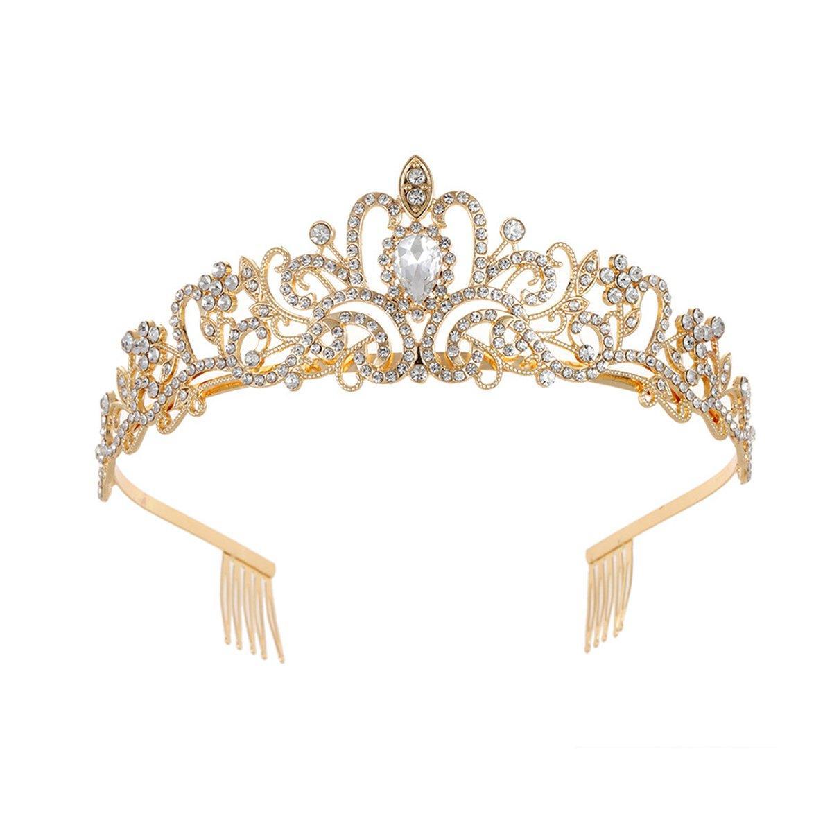 Princess Rhinestone Queen Hair Tiara Headband Hair Accessories Crystal Crown - Gold-White