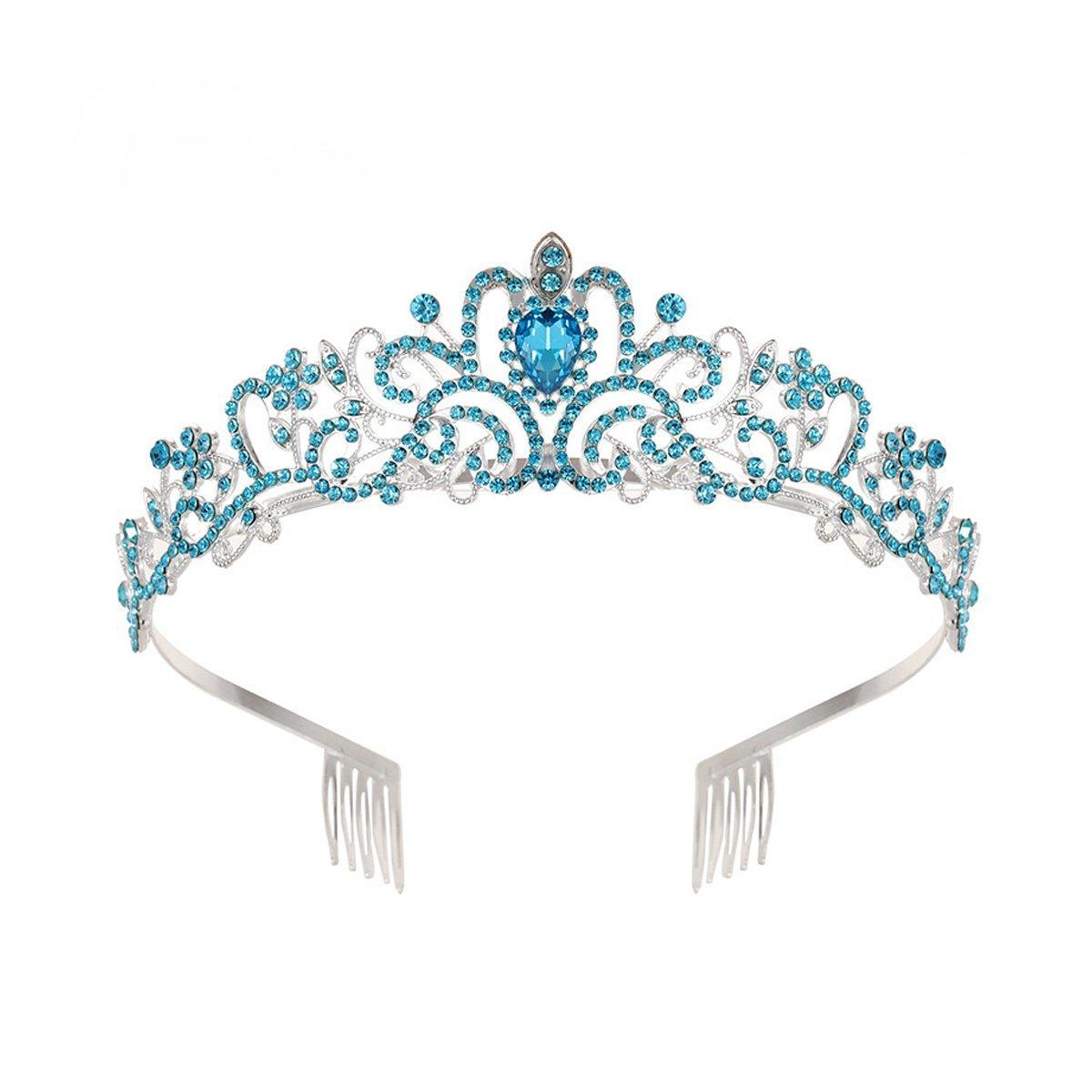 Princess Rhinestone Queen Hair Tiara Headband Hair Accessories Crystal Crown - Silver-Blue