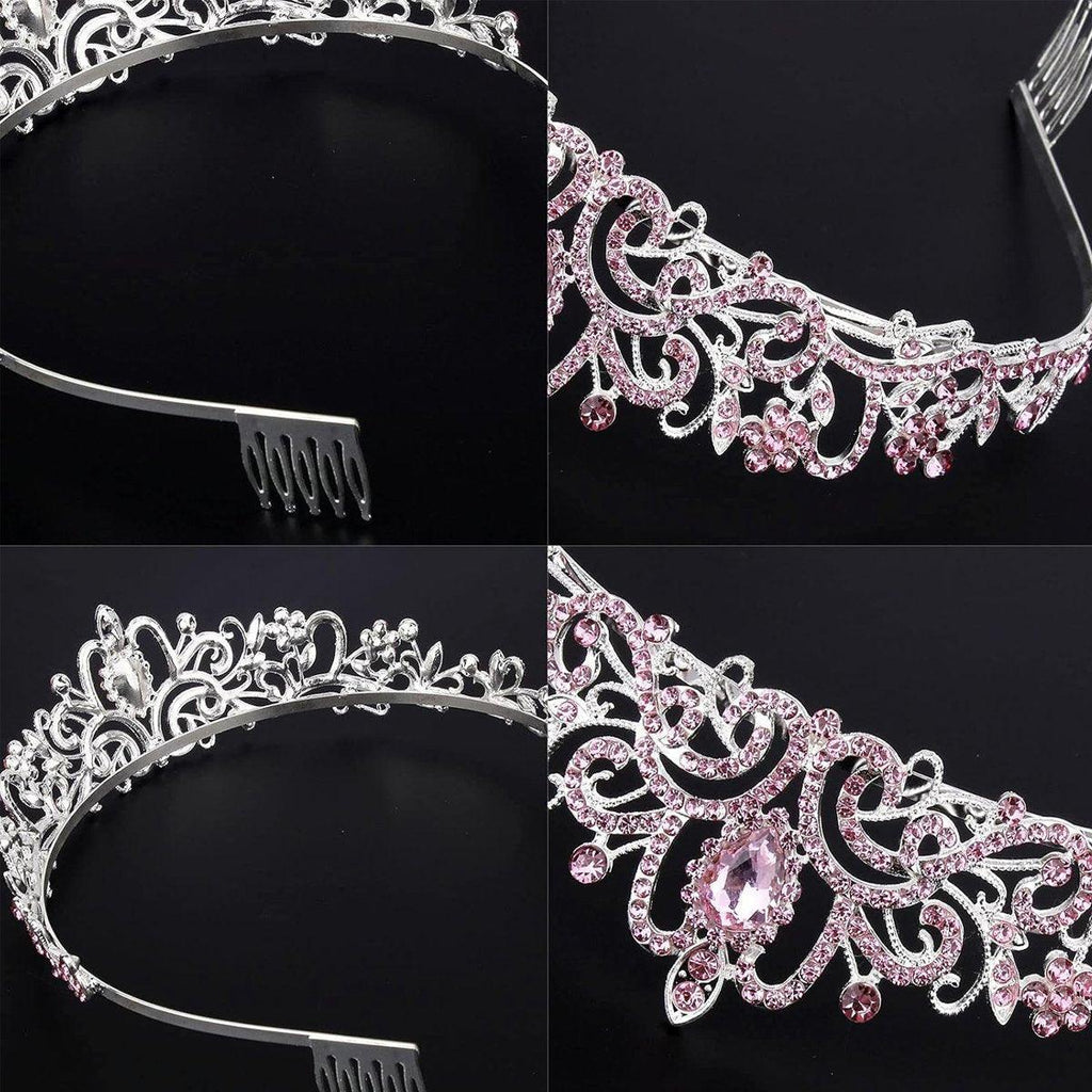 Princess Rhinestone Queen Hair Tiara Headband Hair Accessories Crystal Crown - Silver-Pink