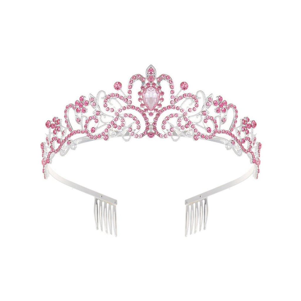 Princess Rhinestone Queen Hair Tiara Headband Hair Accessories Crystal Crown - Silver-Pink