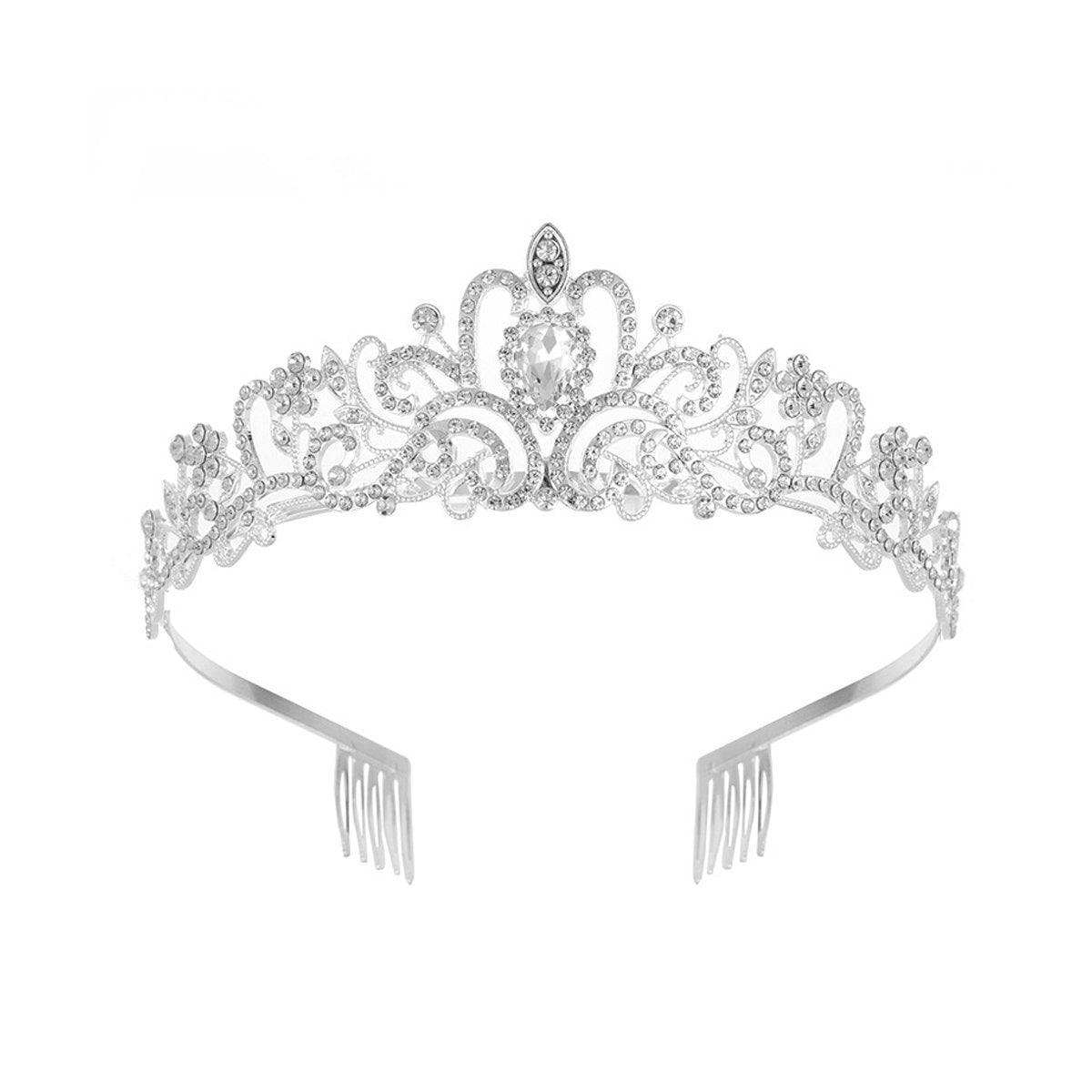 Princess Rhinestone Queen Hair Tiara Headband Hair Accessories Crystal Crown - Silver-White