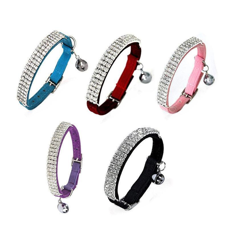 Suede Adjustable Pet Collar with Rhinestone for Cat Puppy 5 Colours Quick Release - Pink
